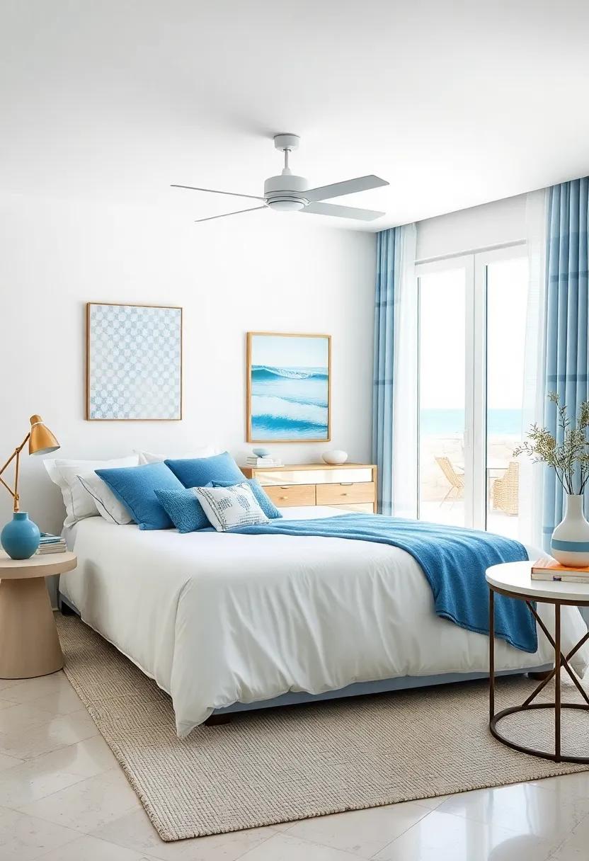 Emphasizing natural ⁢light, this stunning interior showcases large windows framed by soft blue draperies, perfectly accentuating the sweeping views of the ocean outside