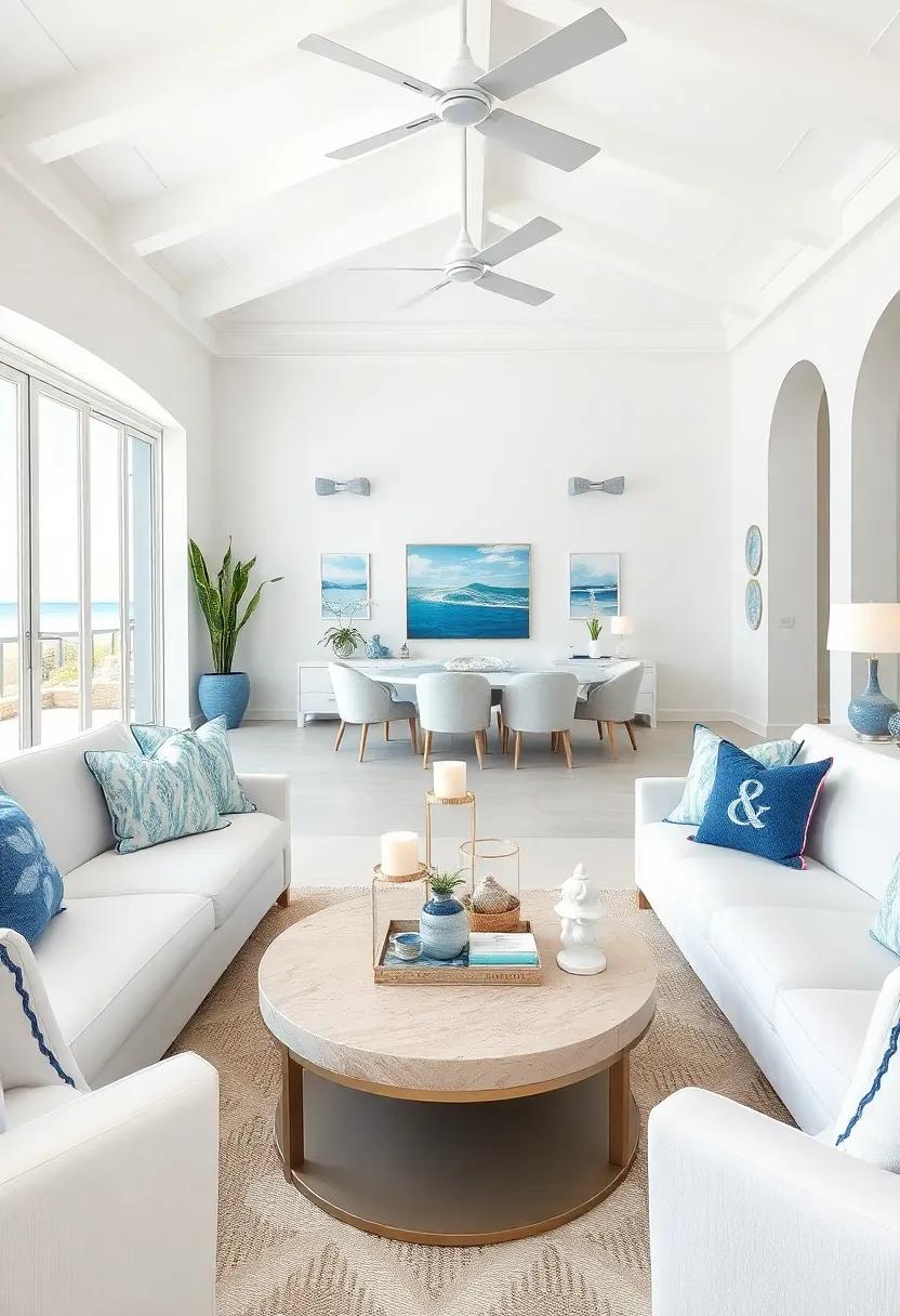 A coastal masterpiece, this living room artfully combines white ‍furniture with an array of blue coastal-inspired throw pillows that ⁢invite relaxation while reflecting the beauty of the sea