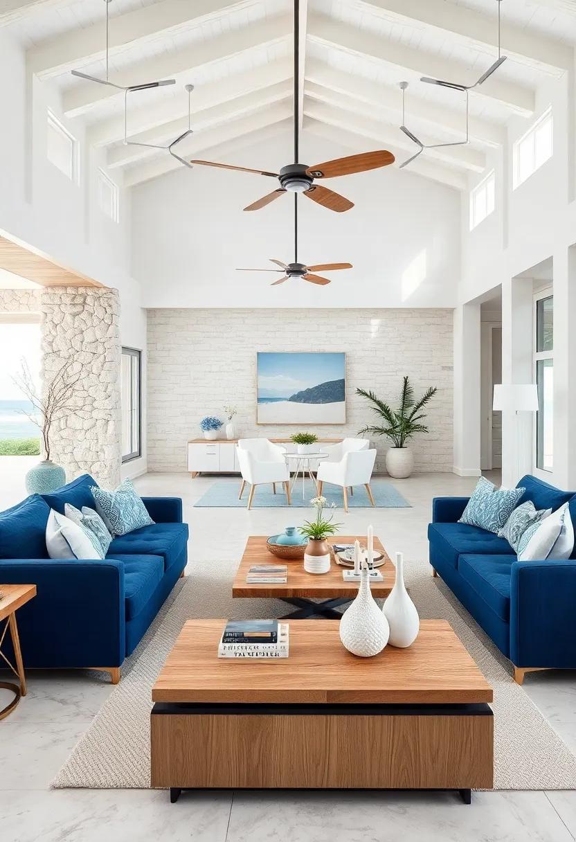 The soothing palette of this beach-themed living room seamlessly blends navy sofas with whitewashed wood accents,‍ creating a calm yet stylish retreat perfect for ‌family gatherings