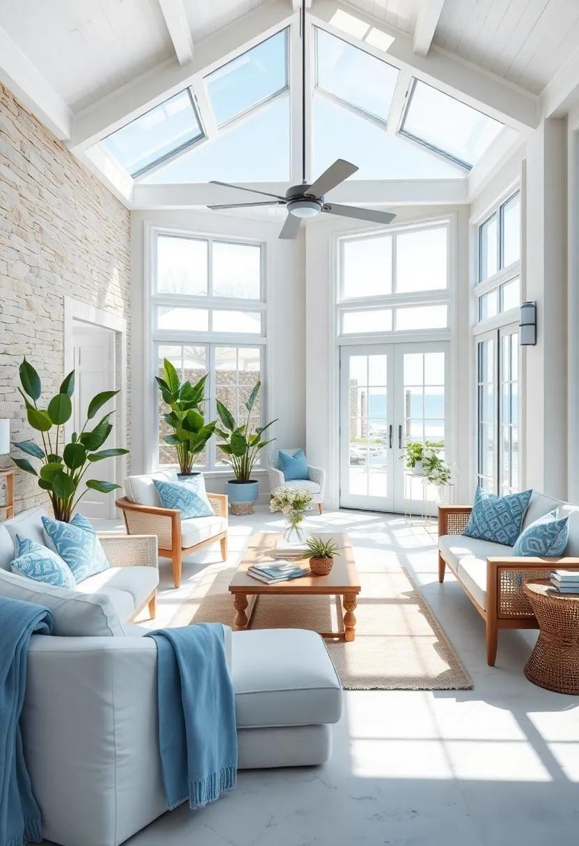 An oasis of tranquility, the sunroom is ⁢highlighted by expansive windows, where white ⁢furnishings and soft blue textiles create an inviting space to enjoy leisurely afternoons soaking up the sun