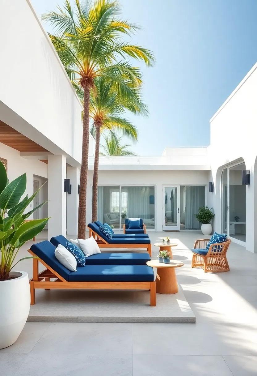 Flanked by palm trees,the outdoor patio of this luxurious beach house boasts navy ⁤blue loungers and crisp ‍white accents,making it ​an idyllic spot for soaking up⁣ the sun in style
