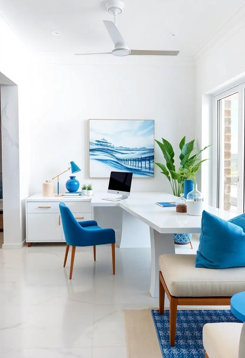Stylish and ​functional, the home office​ in this beach retreat showcases a sleek white desk⁢ accented‌ by blue decor, ​creating an inspiring work environment infused with coastal​ energy
