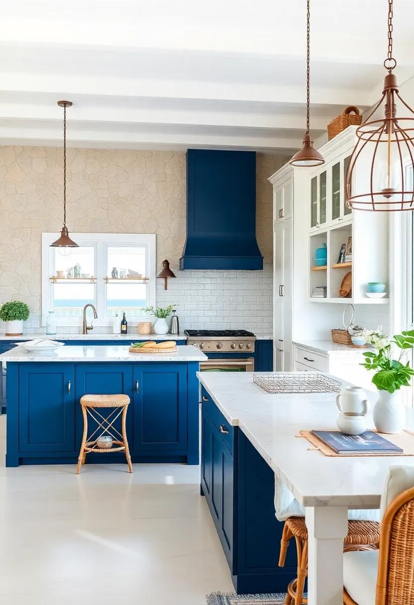 This coastal kitchen radiates charm with its navy-colored island,white cabinetry,and open ​shelving filled with curated beach-inspired decor,inviting culinary creativity amidst ocean views