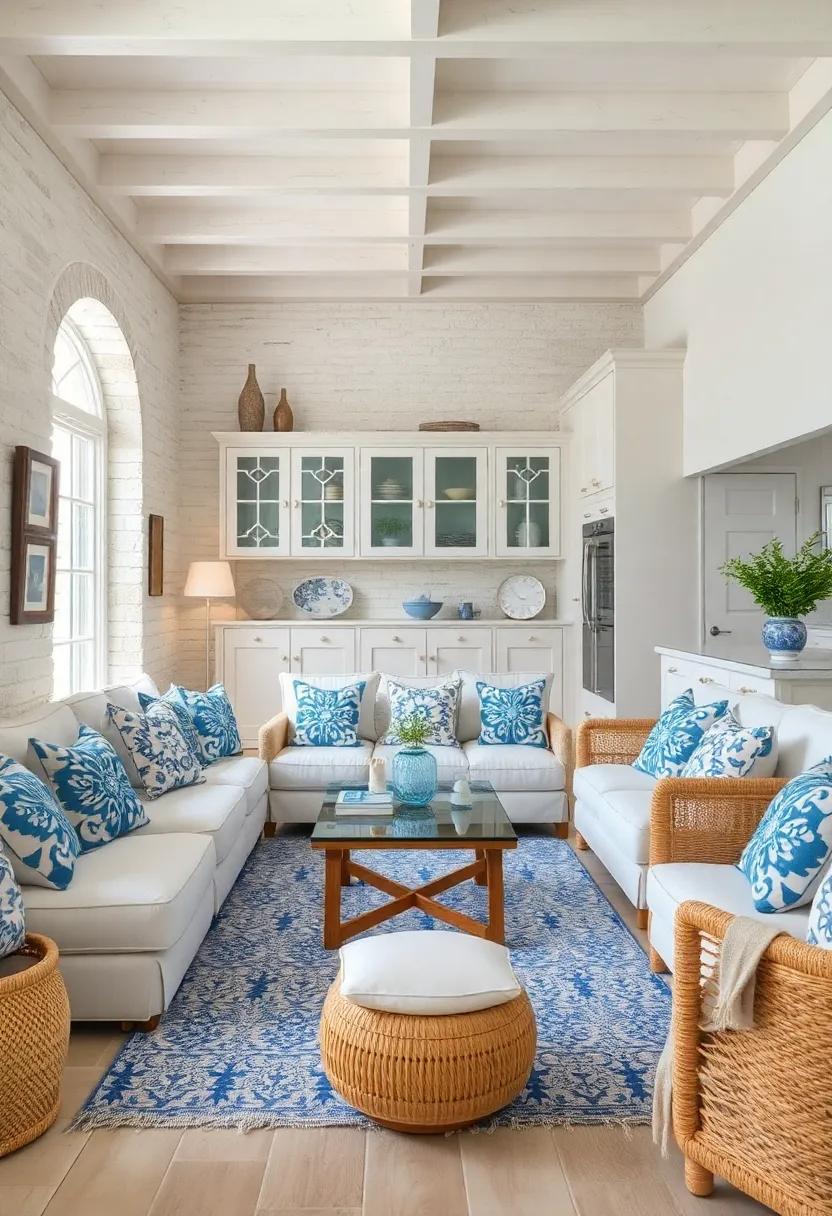 Combining vintage charm with contemporary style, this⁣ coastal retreat ‍features playful blue patterns on cushions and rugs, harmonizing beautifully with⁤ the immaculate white cabinetry