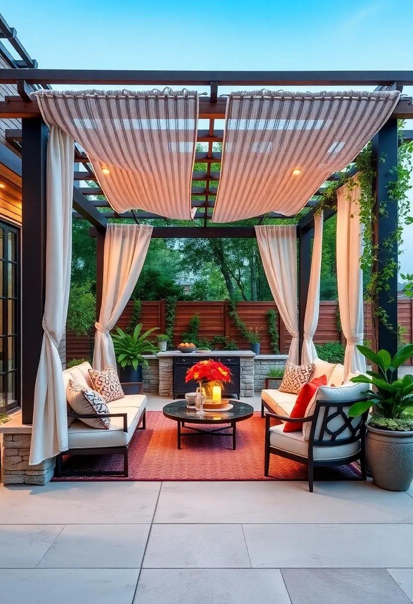 Elegant Pergola: Enhance your patio with a sleek wooden or metal pergola,draped with ‍sheer fabric or climbing plants ‌for a ‌touch of greenery ⁤and shade