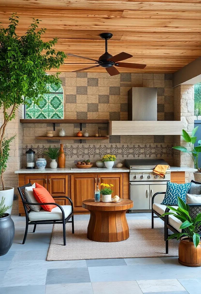 Discover the charm of rustic ​elegance with a​ weathered wood-themed patio kitchen, adorned by​ intricate patterned ‌tiles that‍ add a touch of ​artistry ⁤and warmth