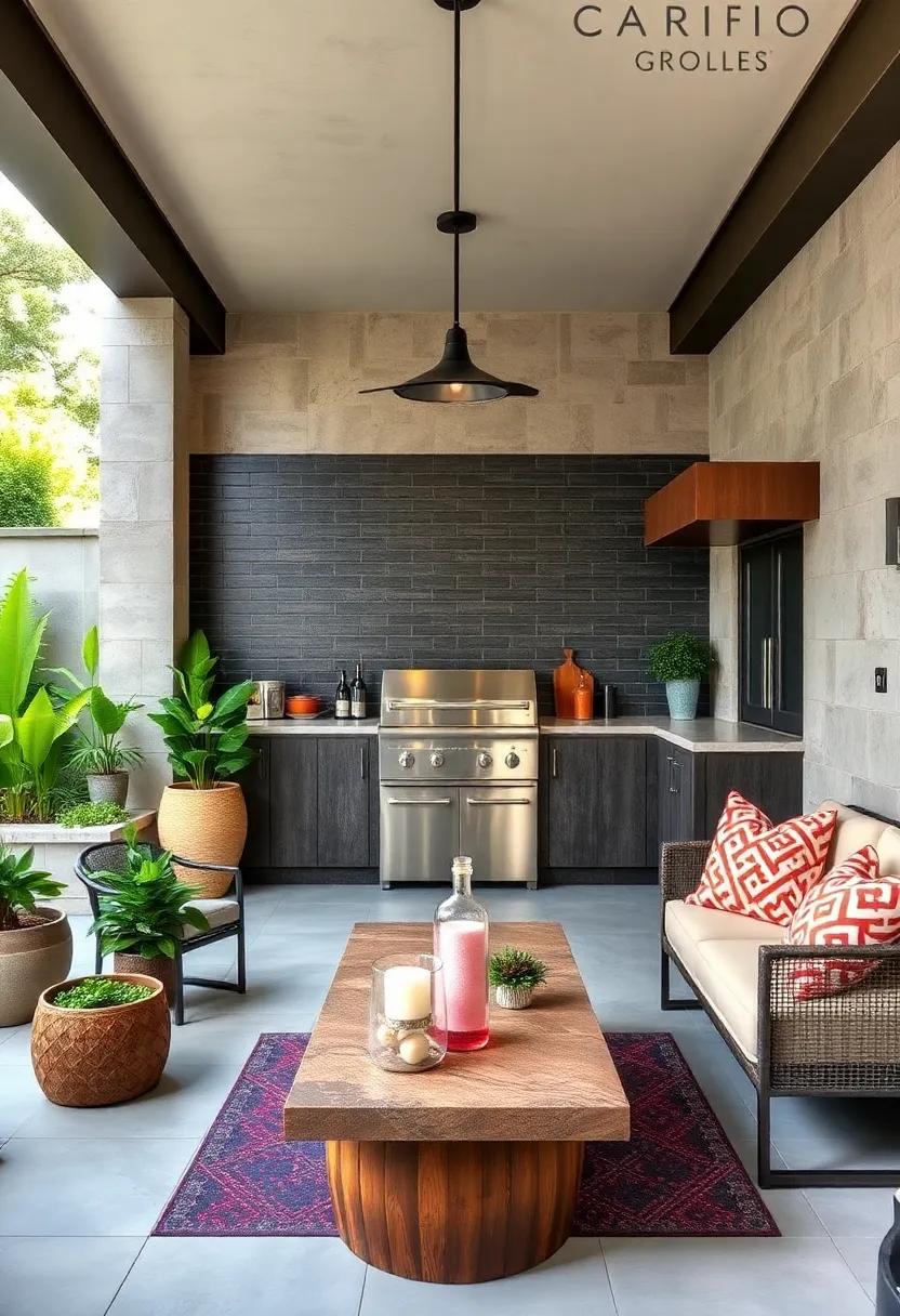 Transform your patio with a chic industrial vibe, where ​dark tiles with⁢ a ⁤cement finish serve as a striking backdrop ‌to stainless​ steel ​fixtures and accents