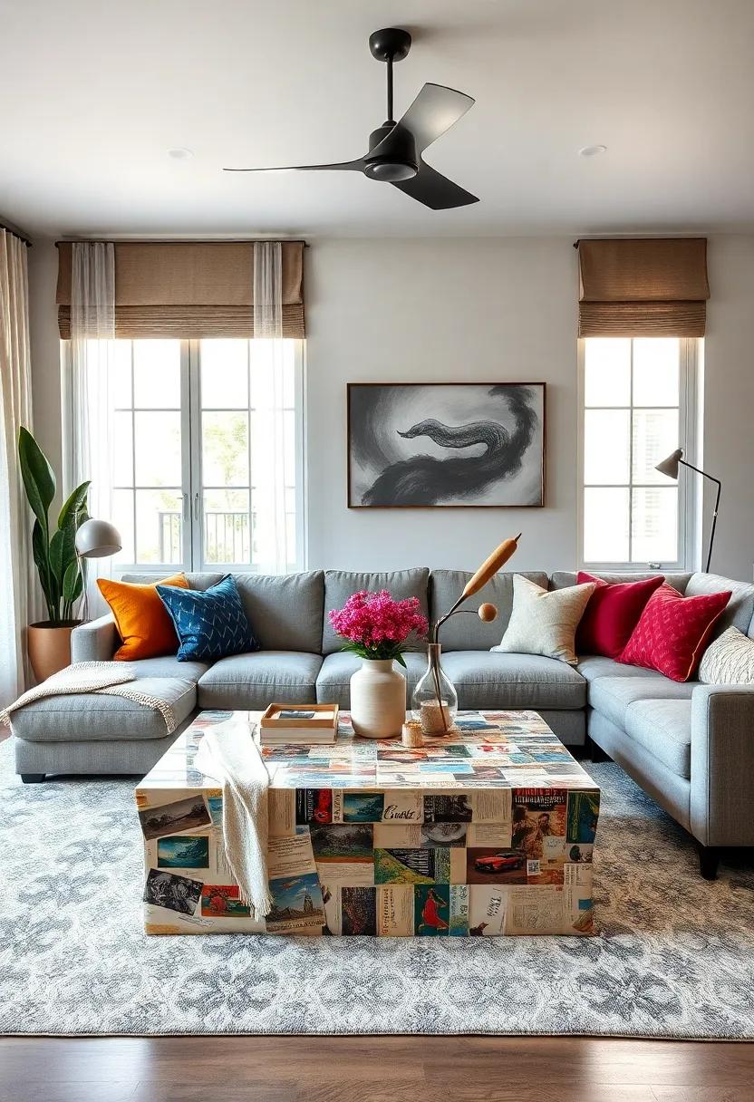 Creative Coffee Table: Opt for⁢ a unique table that doubles as art, such as one covered in a collage ⁢of vintage postcards or‌ fabric swatches