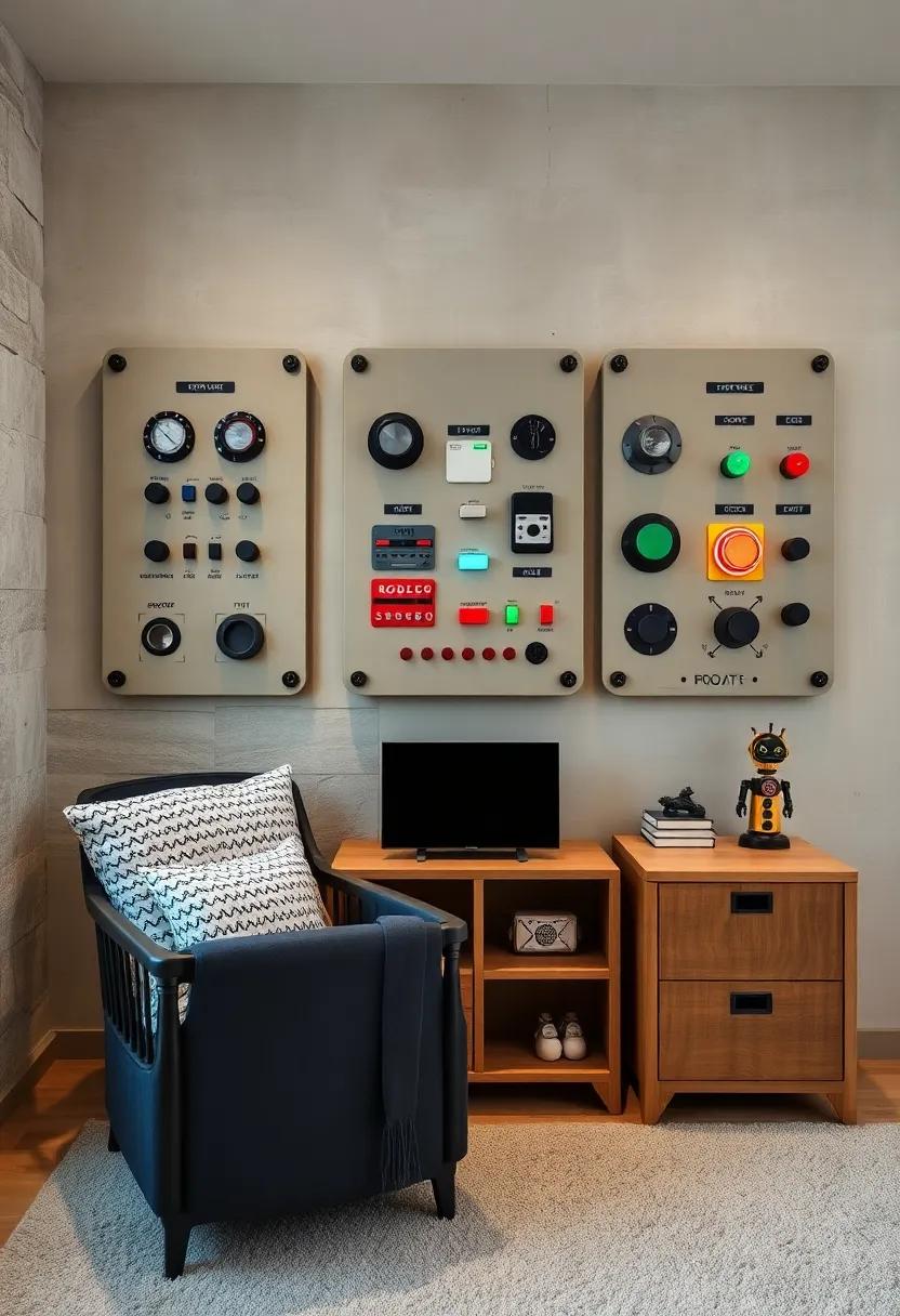 Wall-mounted Robot controllers: Install wall⁤ art that mimics robot ⁤control‌ panels with knobs and switches to push, making the nursery not just a room but also ⁣a play-zone