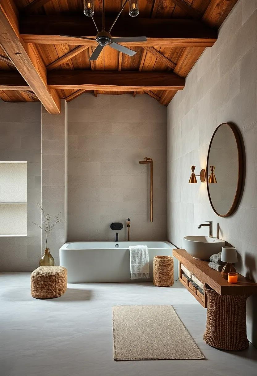 Embrace the earthy charm of reclaimed wood beams paired with limestone walls, creating a tranquil retreat that invites nature inside