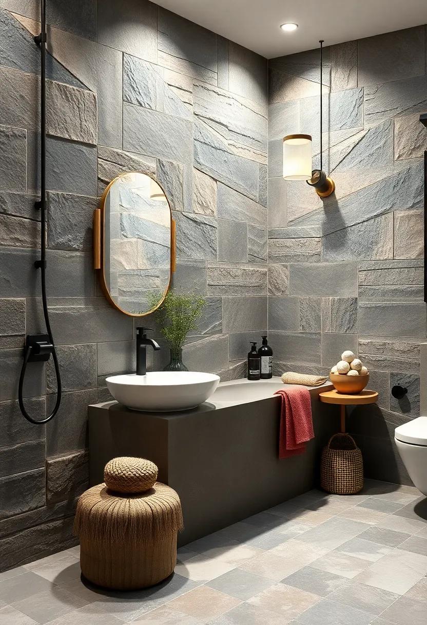 Admire the fusion of rustic and modern in a bathroom adorned with slate tiles and minimalist fixtures, creating a stylish yet comfortable space