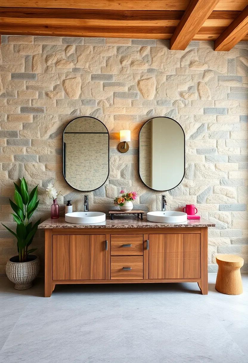 Explore the rustic elegance of a dual-sink vanity crafted from weathered barn wood, complemented by a stunning granite countertop