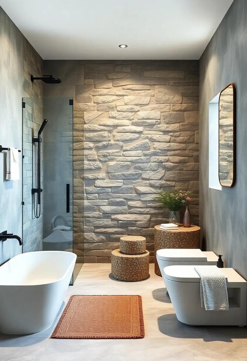 Delight in the contrast of a modern glass shower with a rugged stone wall, proving that rustic elements can harmoniously blend with contemporary design