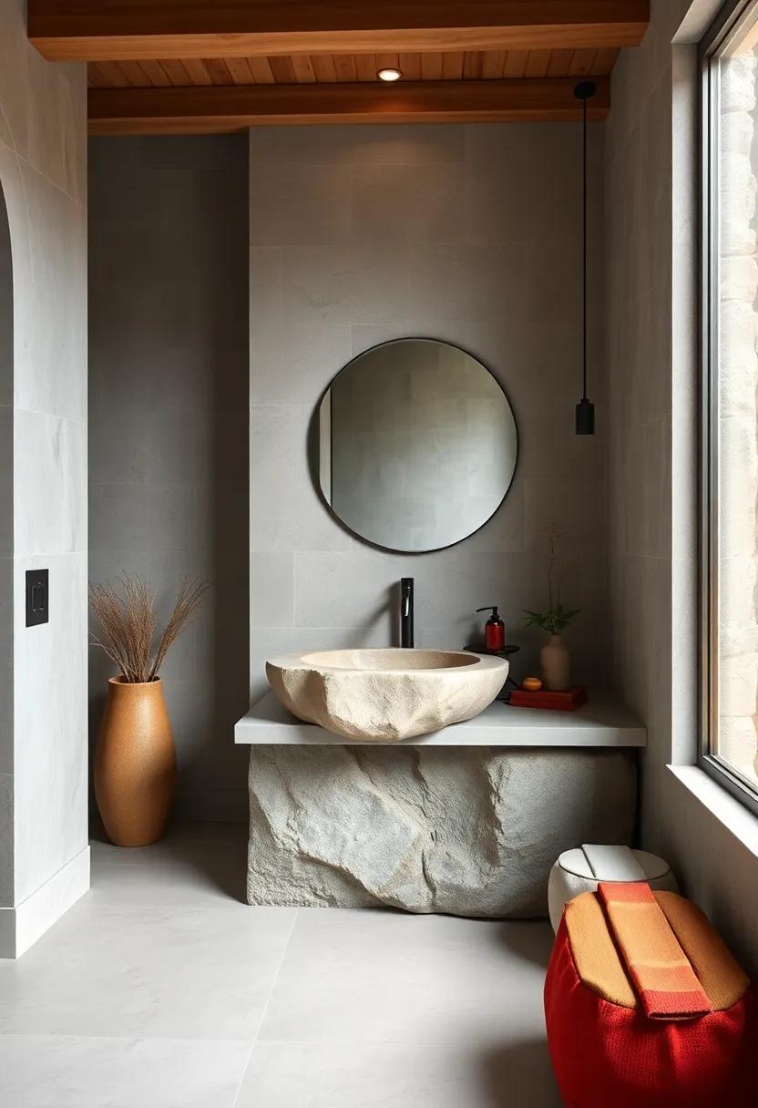 Appreciate the chic design of a sink carved directly from stone,offering a functional yet artistic centerpiece for your rustic bathroom