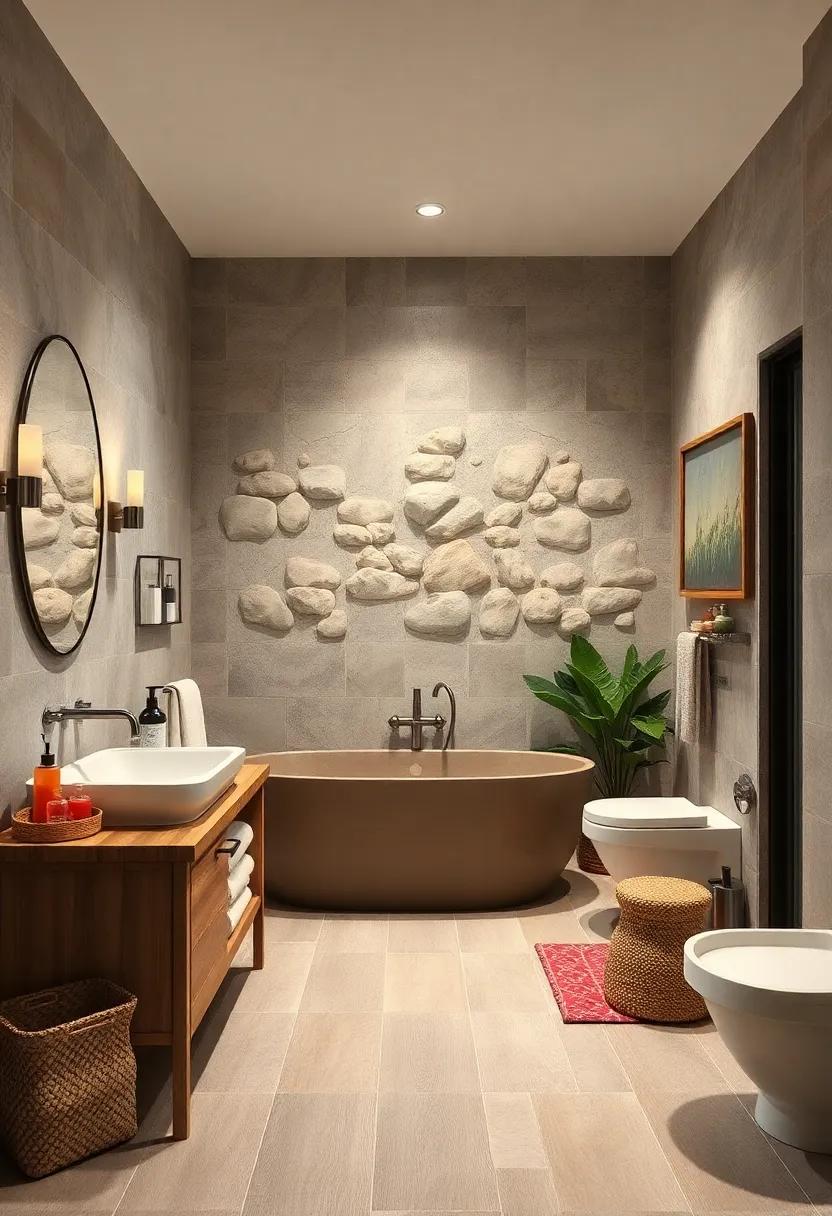 Marvel at the artistry of a tiled accent wall featuring hand-painted stones, adding a touch of whimsy to your rustic bathroom design