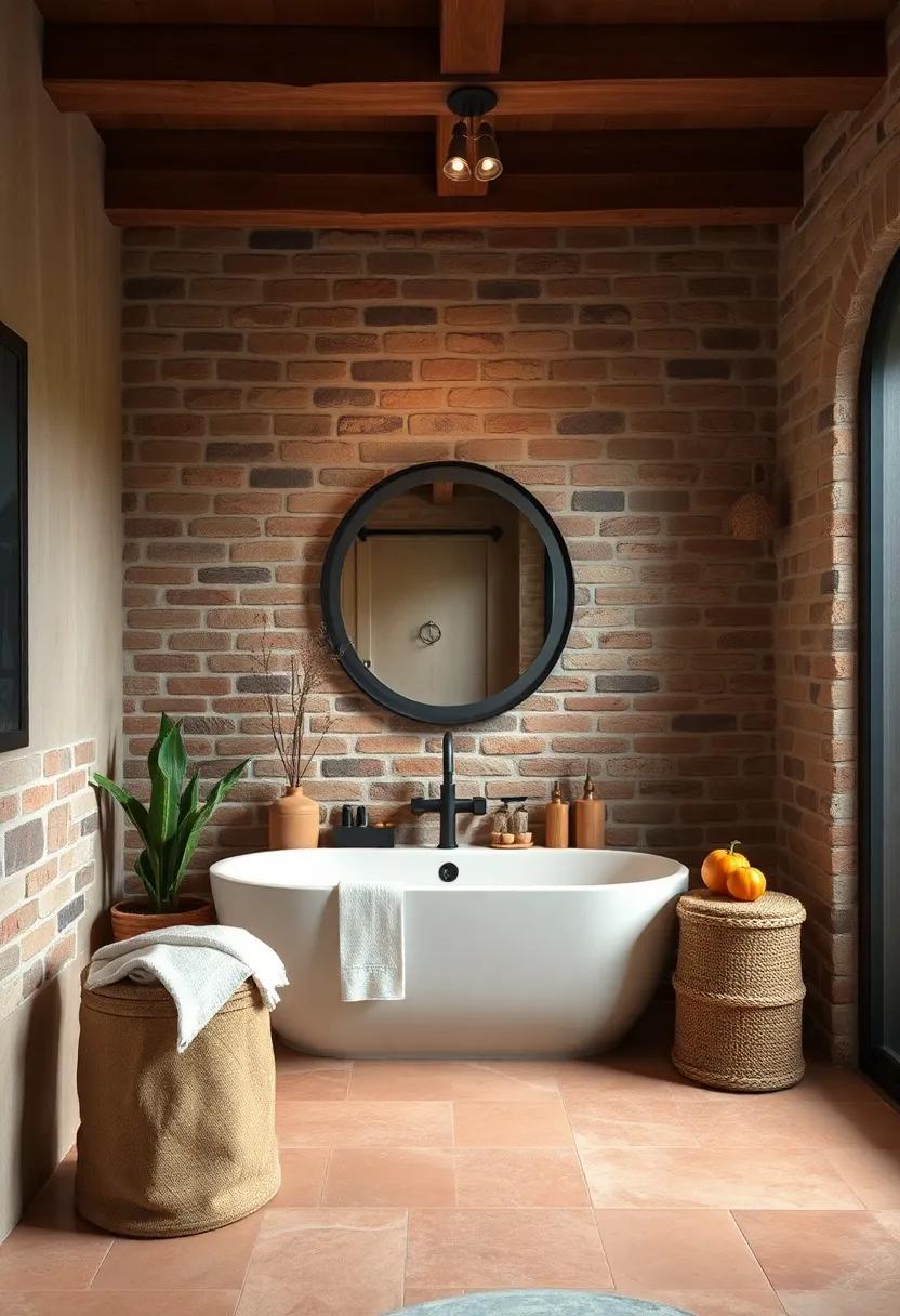 Explore the beauty of a rustic bathroom with terracotta tiles and exposed brick, invoking a laid-back style reminiscent of a Mediterranean villa
