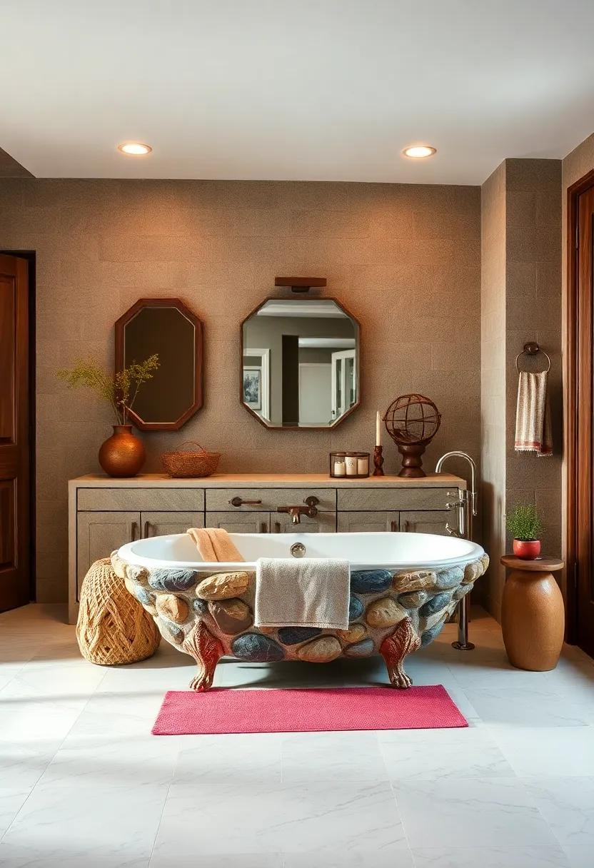 Marvel at a rustic bathroom featuring stunning river stone accents along the edges of a clawfoot tub, adding a touch of the outdoors