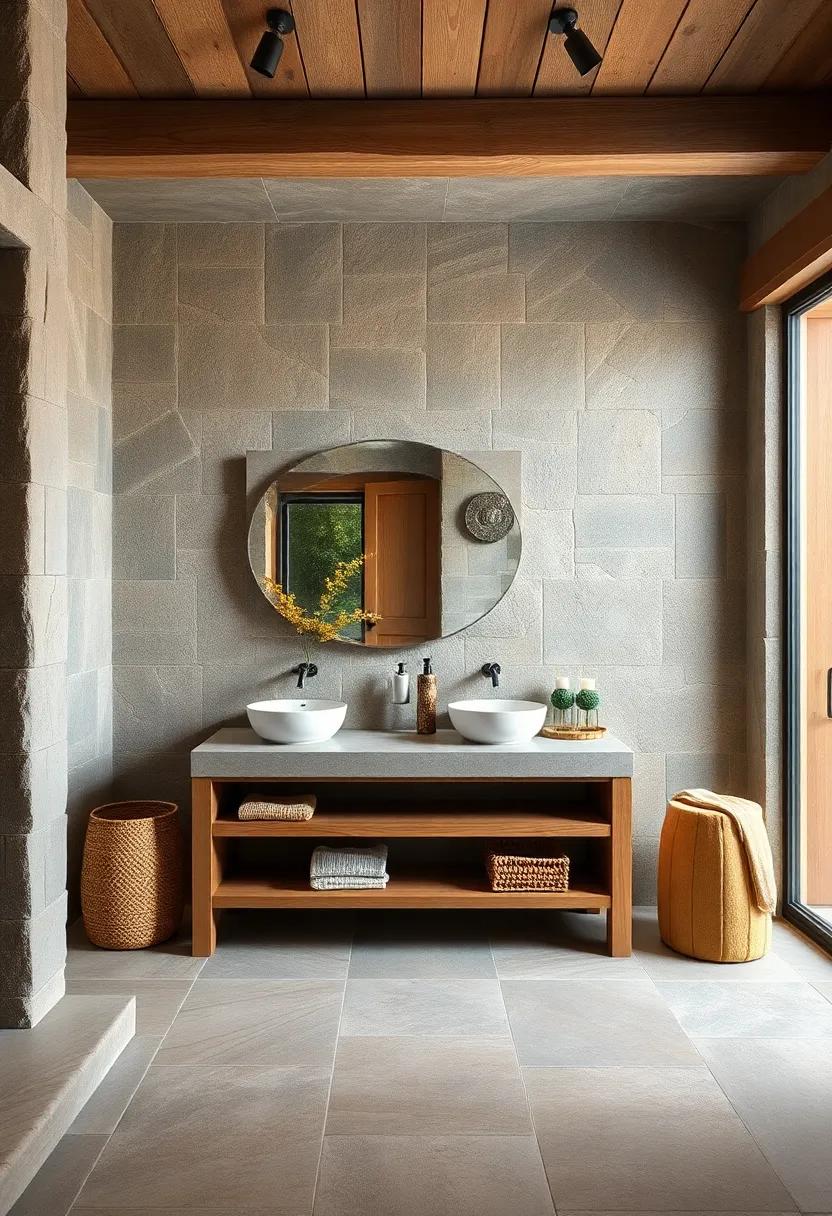 Feel the warmth of wood and stone harmoniously combined in a spacious vanity area, creating a focal point that captures rustic sophistication