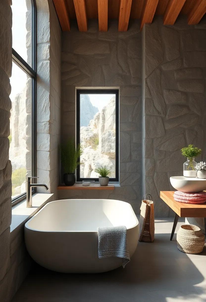 Explore the possibilities of a rustic bathroom shrouded in natural light, where large windows showcase a breathtaking stony landscape beyond
