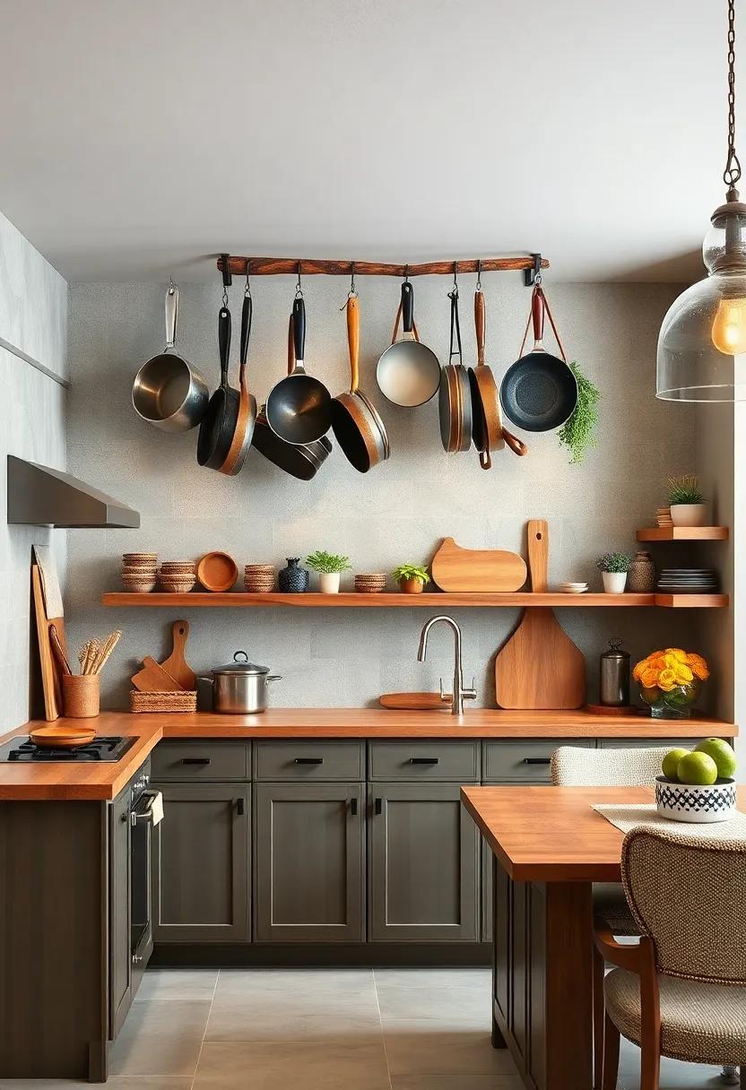 Rustic ⁣Pot Rack: ⁢Hang pots and pans from a reclaimed wood or wrought iron rack for an artistic display that complements your⁣ culinary tools