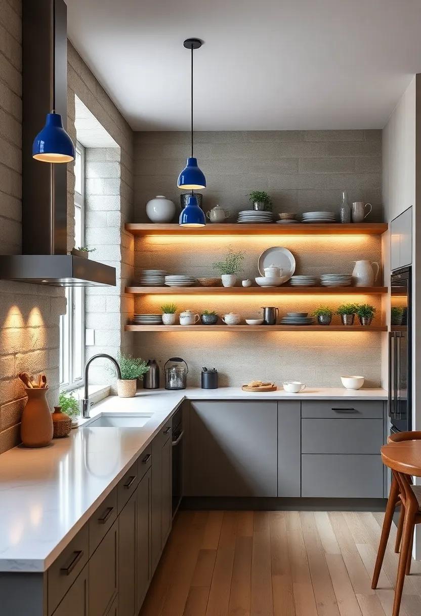 Open Shelving: Illuminate open shelves with small ⁣blue pendant lights for‌ a refreshing visual display‍ of your kitchenware