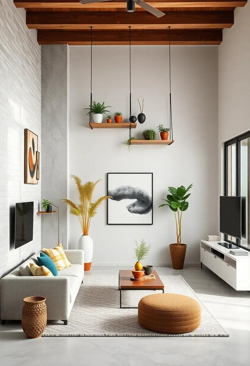 Hanging Décor: Use ceiling-mounted shelves or planters to draw the eye upward, adding character while freeing up floor space