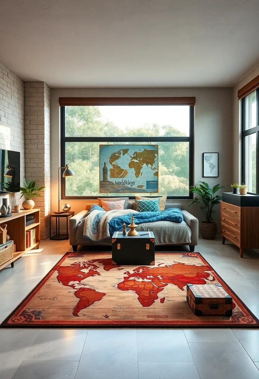 Travel-themed Area Rug: Add an area rug featuring a travel-inspired‌ design ​to unify the decor and provide a cozy vibe