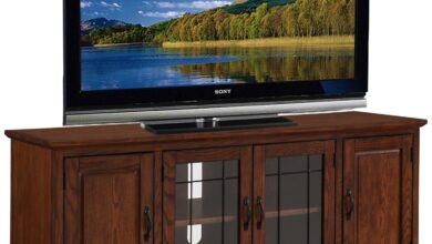 Our Take on the Leick Home Burnished Oak TV Stand for 65″ TVs