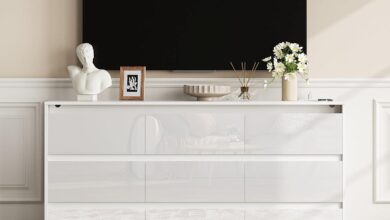 Our Take on the Sleek White TV Stand with 9 Spacious Drawers