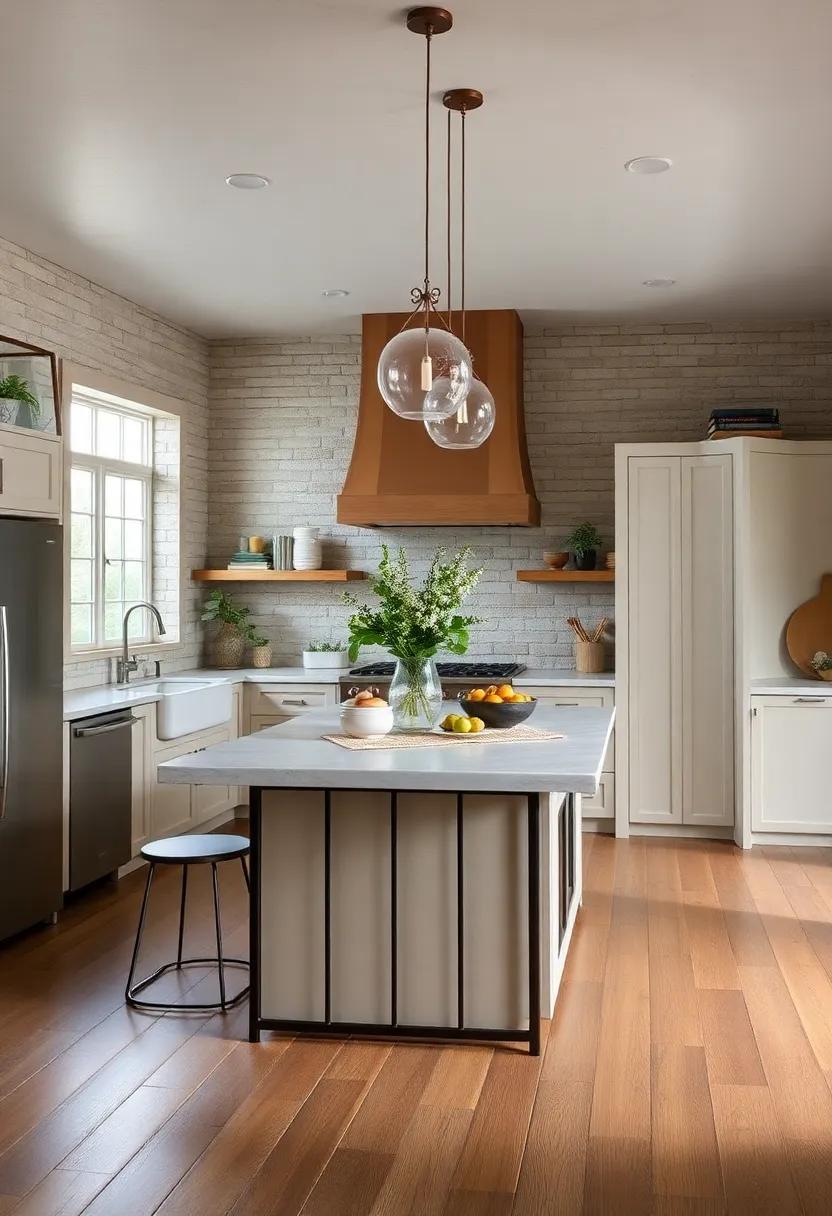 Iron Base on Kitchen Island: Opt for a kitchen island with an iron base to anchor your space in a modern farmhouse aesthetic, blending practicality and style