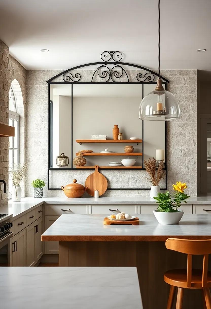 Iron-framed Mirror: A large iron-framed mirror can reflect light and create the illusion of space while contributing to the kitchen’s farmhouse charm
