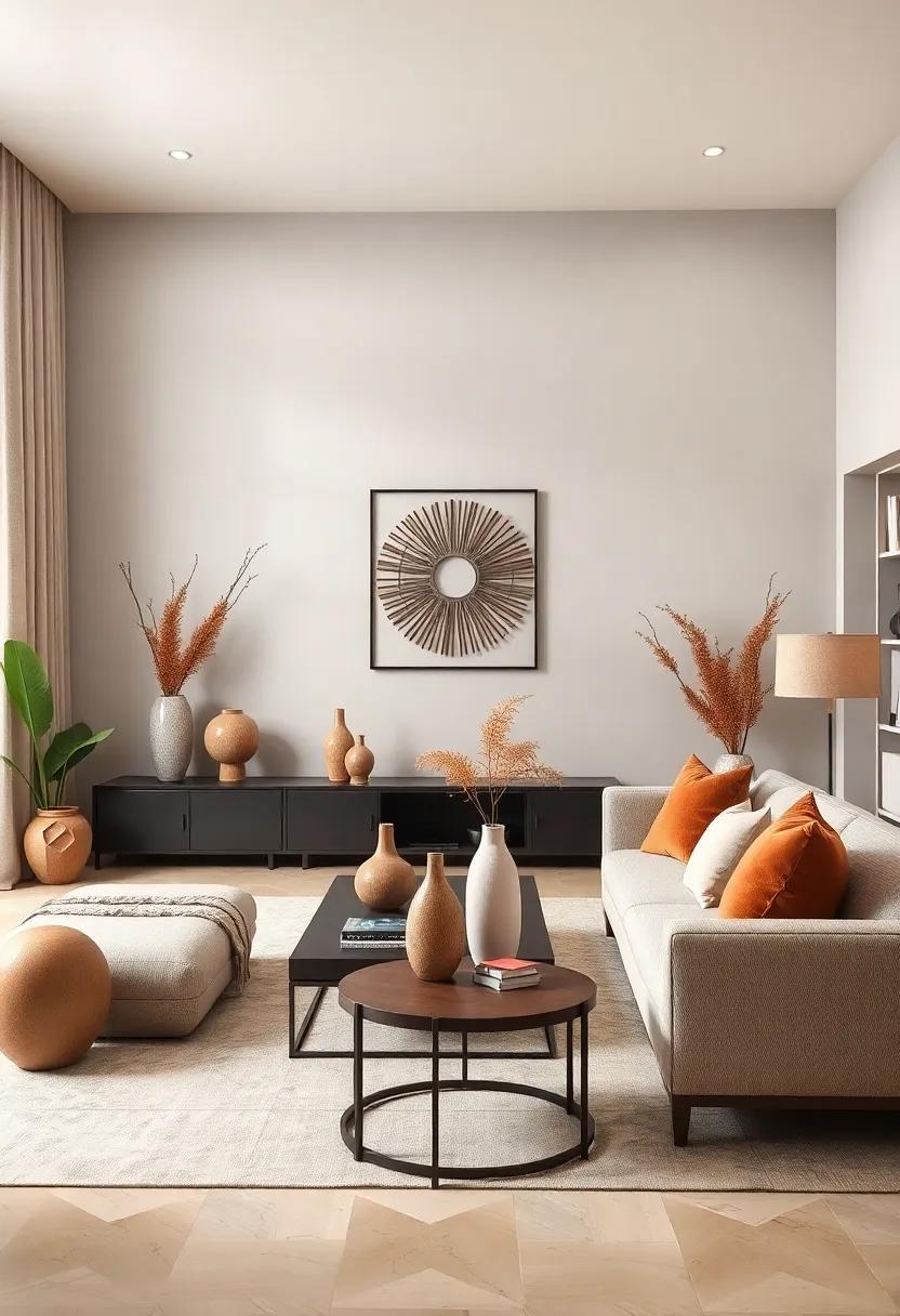 Complementary Decor: Choose decorative pieces such as vases or sculptures that combine light gray and beige to tie various elements of your room together