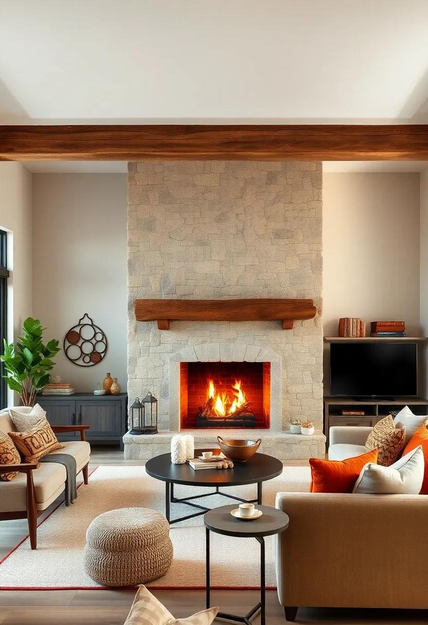 Embrace the charm​ of a stone fireplace framed by reclaimed ‍wooden⁢ beams, ‌creating ⁣a perfect focal point that exudes warmth and ‍nostalgia