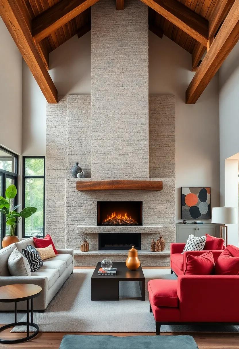 Opt for a ​floor-to-ceiling fireplace design, drawing the eye upward and‍ accentuating the height of exposed wooden‍ beams for a dramatic ‌effect