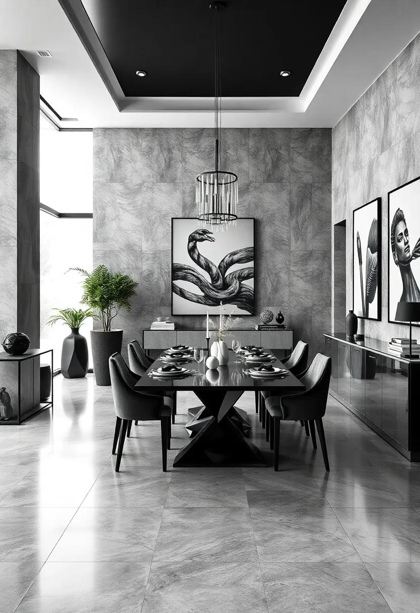 Monochrome Mastery: A chic‌ black⁢ and white dining room where striking monochromatic art enhances the sophisticated theme, allowing for a⁢ bold yet ⁣classic dining experience