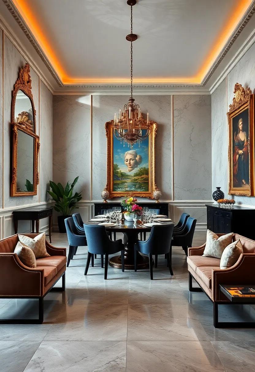 Contemporary ⁢Contrast: A strikingly modern ‌dining area where bold, geometric art pieces clash beautifully with soft,​ neutral⁤ furnishings, creating a dynamic and inviting‌ atmosphere