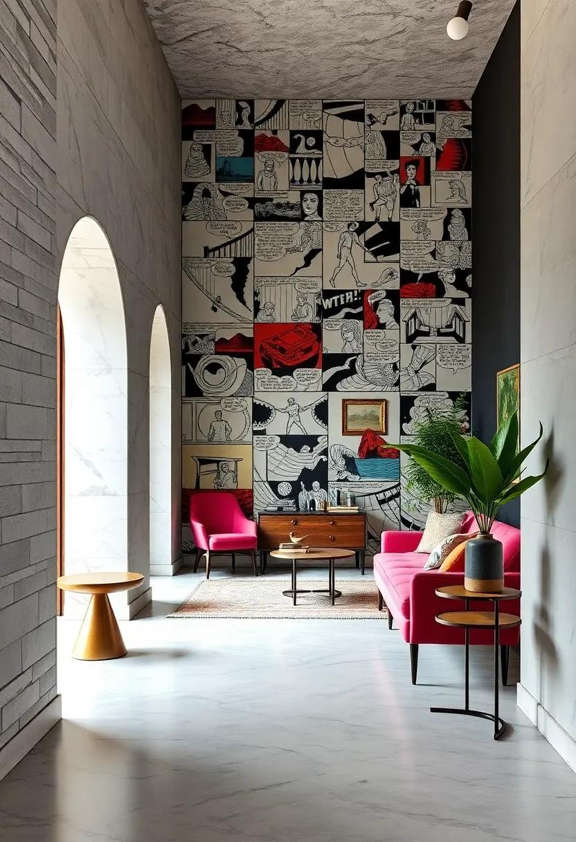 Graphic narratives: A comic-inspired wallpaper where each section tells a ​story, adding a playful twist to the entryway