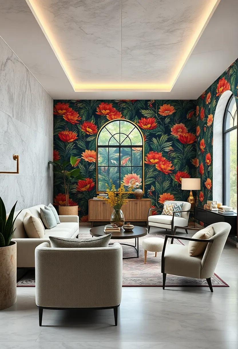 Minimalist maximalism: Clash of ​styles where minimalistic furniture meets maximalist wallpaper for a harmonious but eclectic feel