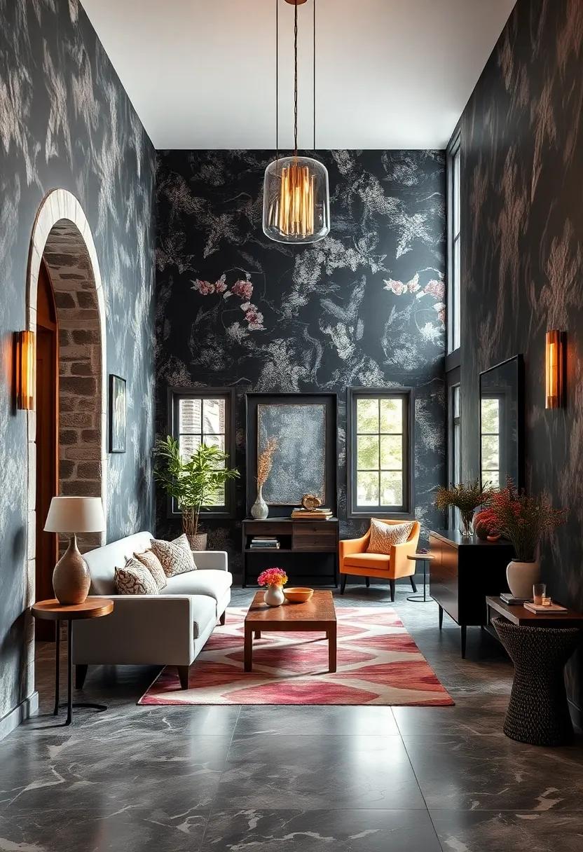 Moody tones: Dark, rich⁣ wallpaper featuring ​abstract designs that forge a‌ dramatic and⁣ cozy atmosphere in the entryway