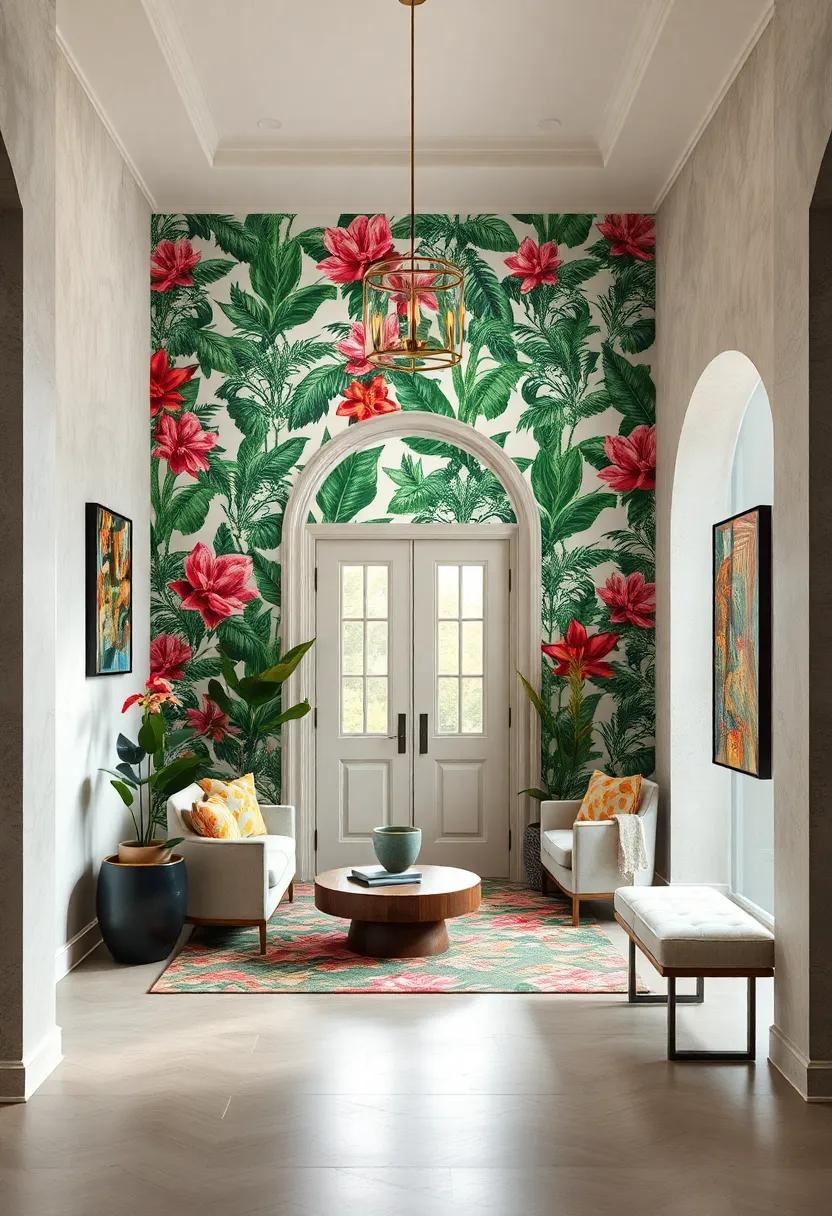 tropical⁢ florals: Lush greens and vibrant ⁣exotic flowers that cultivate⁣ a paradise ​feel right at your entrance