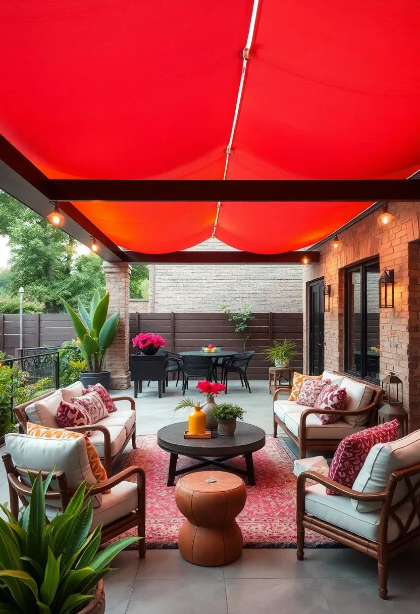 bold canopy: Install‌ a colorful fabric canopy overhead to create shade,adding layers of color while enhancing‍ the comfort of your patio