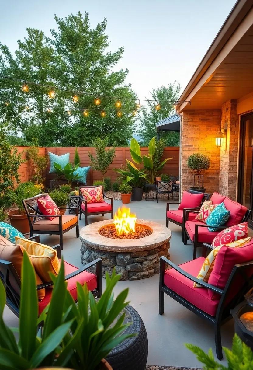 Firepit Fun: Surround a vibrant firepit area with colorful seating options that invite guests to gather and enjoy warm evenings