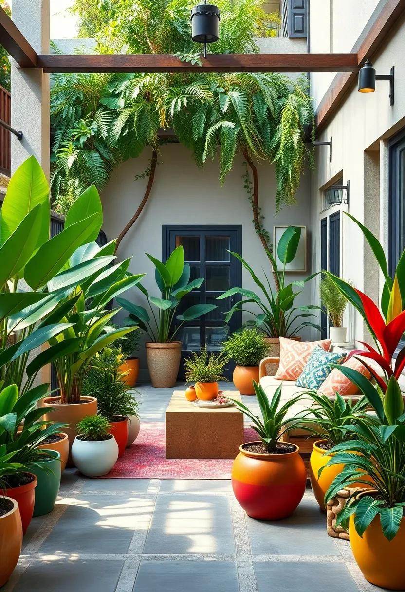 Urban Jungle: Transform your patio into a ‍lush haven​ with multicolored plant pots‌ and an array of tropical plants ⁤overflowing with life