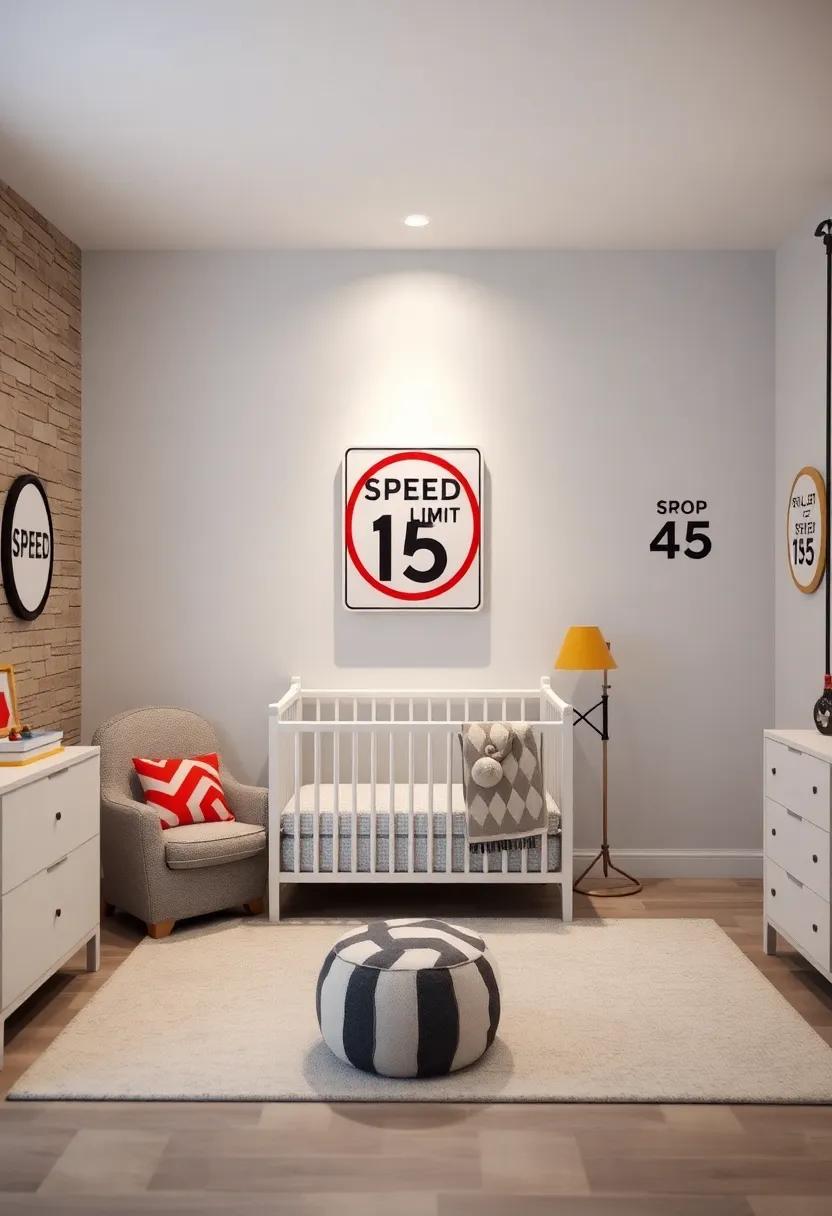 Speed Limit Sign Artwork: Hang quirky speed limit signs around the ⁤nursery, displaying playful ‍messages⁣ that ‍will make for great conversation ⁢starters