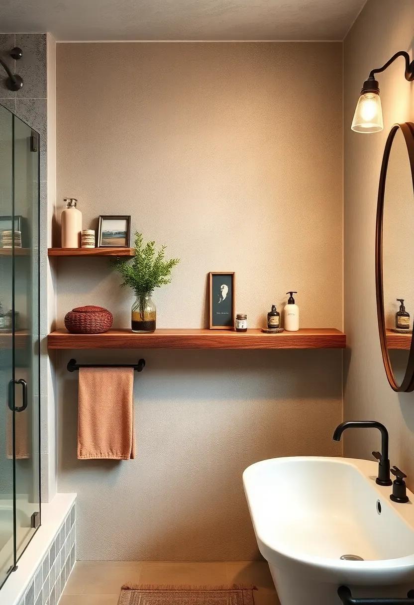 Rustic Wooden shelves: Install reclaimed wood shelves to showcase vintage décor and provide storage for towels and other essentials