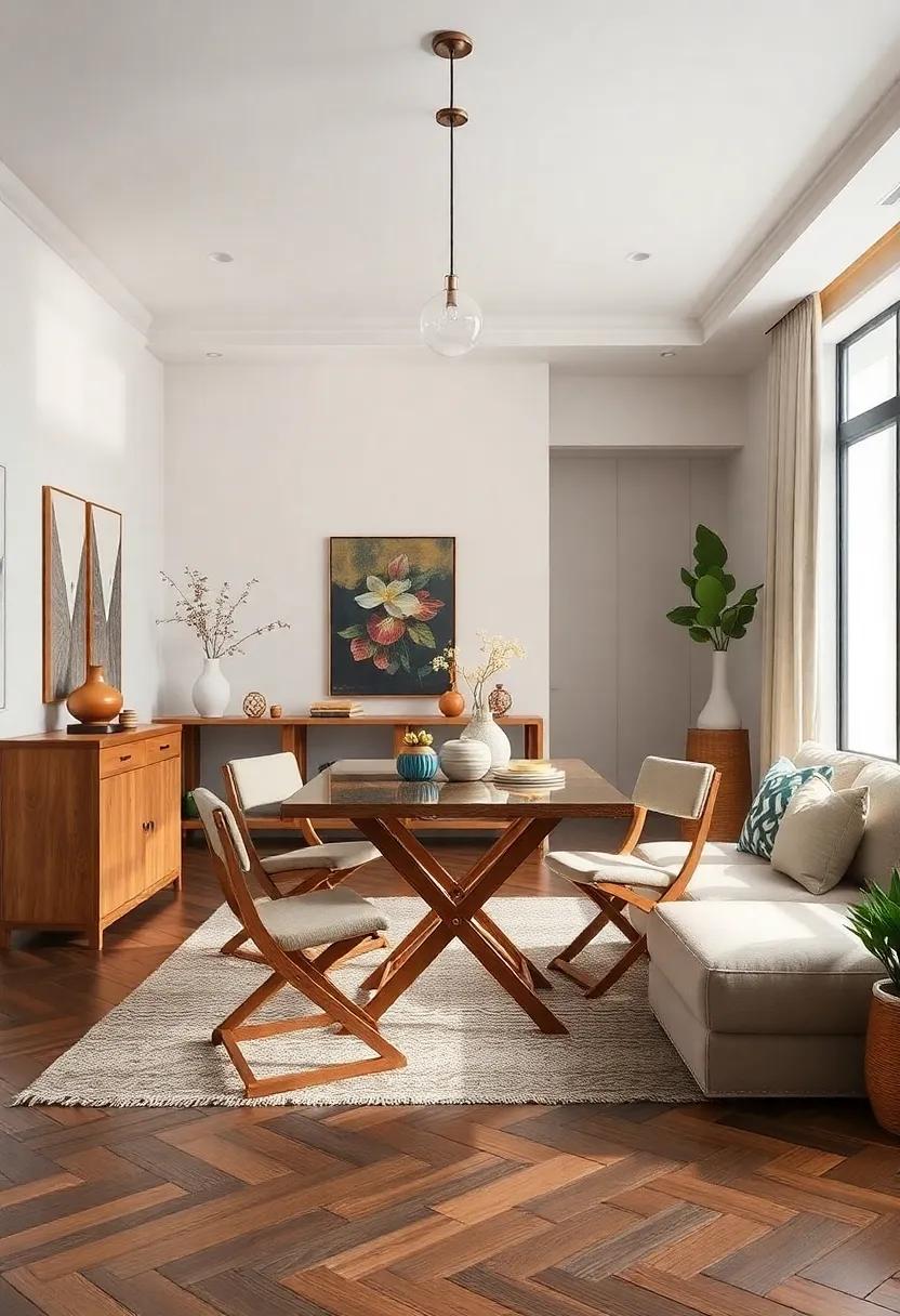 Seating Alternatives: Replace traditional dining chairs with chic foldable stools that offer a fresh take on dining