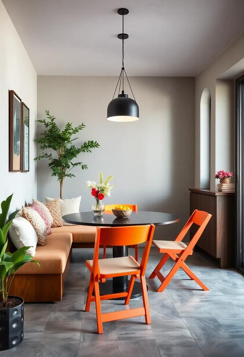 paint It Bright: Brightly painted foldable chairs can serve as eye-catching accents in an otherwise understated dining area