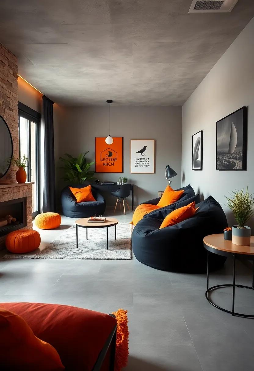 Cozy⁣ Bean Bags: Introduce black bean bags ​with tangerine ⁢accents ‍for a laid-back​ lounge area where friends can ​gather and relax