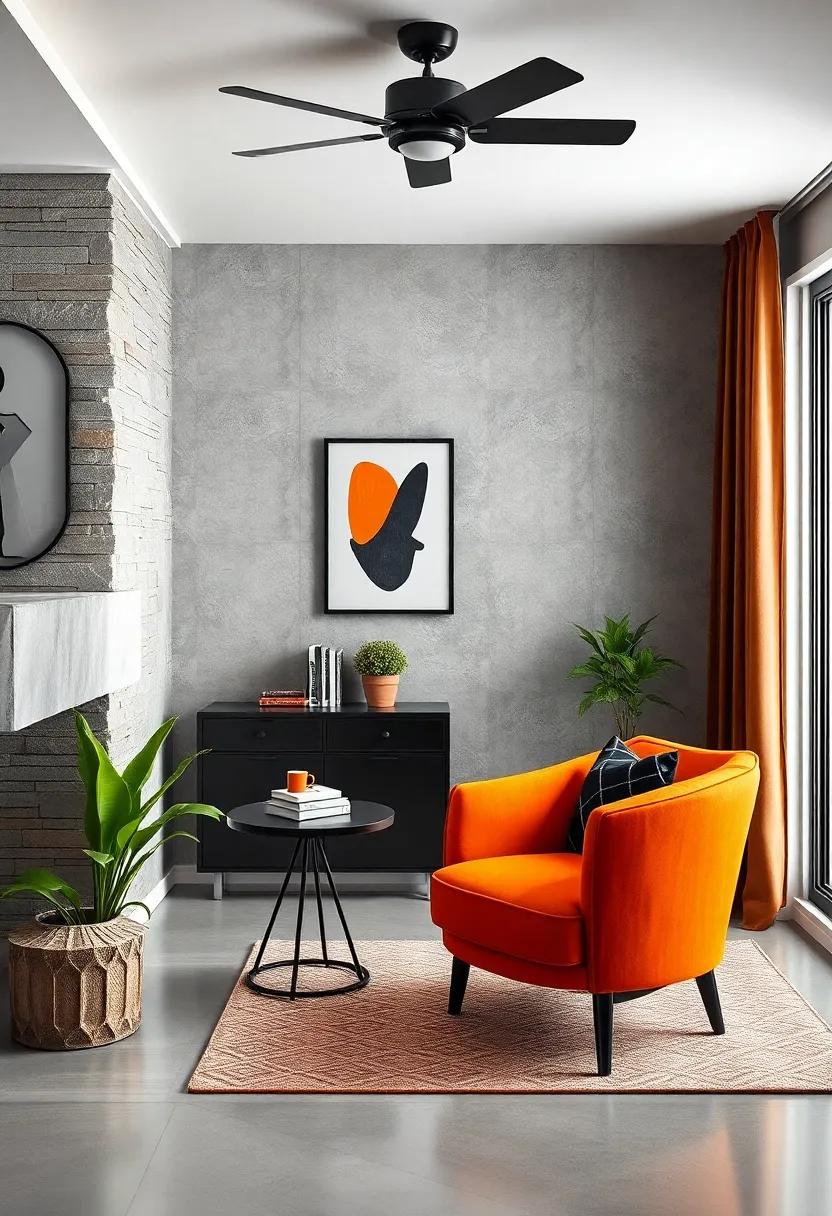 cozy Reading ‍Nook: Craft ⁤a tranquil reading corner​ with a tangerine accent chair and black side table, providing the perfect space for relaxation and ‌inspiration