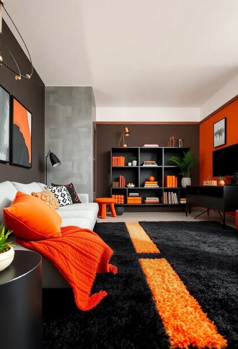 Textured Rugs: Incorporate a plush ⁢black rug to soften the ⁣space‌ and⁣ create a cozy atmosphere, layering ​in pops of ⁣tangerine through⁤ smaller accent ‍rugs